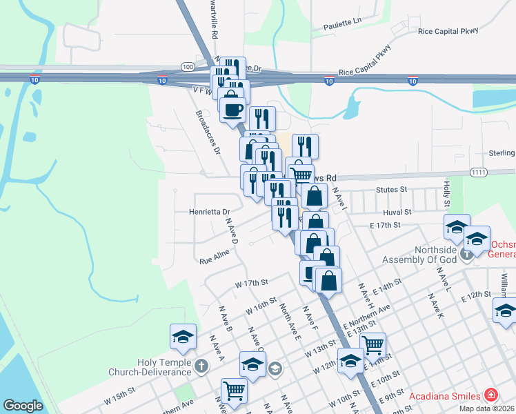map of restaurants, bars, coffee shops, grocery stores, and more near 230 Fairway Drive in Crowley