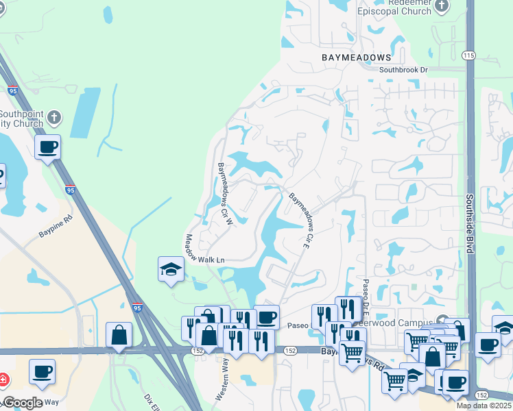 map of restaurants, bars, coffee shops, grocery stores, and more near 8351 Meadow Walk Lane in Jacksonville