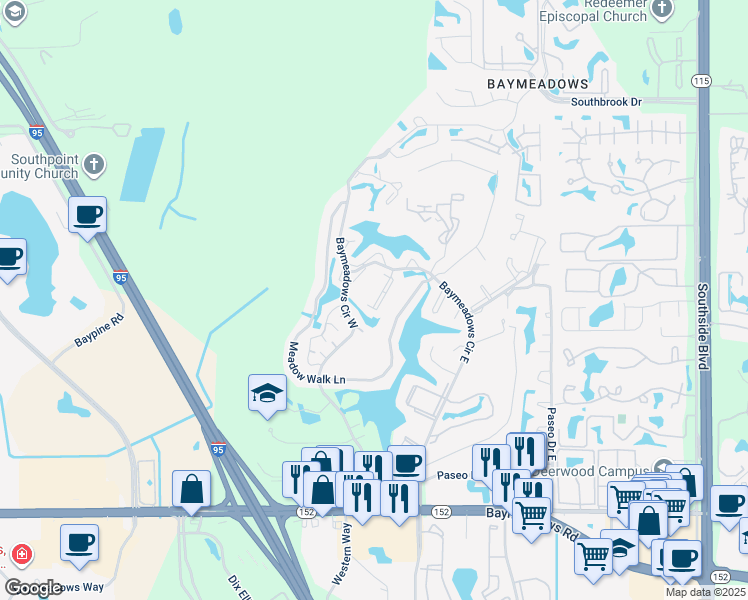 map of restaurants, bars, coffee shops, grocery stores, and more near 8351 Meadow Walk Lane in Jacksonville