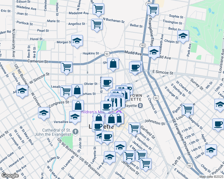 map of restaurants, bars, coffee shops, grocery stores, and more near 518 South Pierce Street in Lafayette