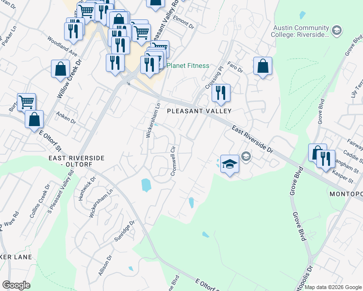 map of restaurants, bars, coffee shops, grocery stores, and more near 2239 Cromwell Circle in Austin