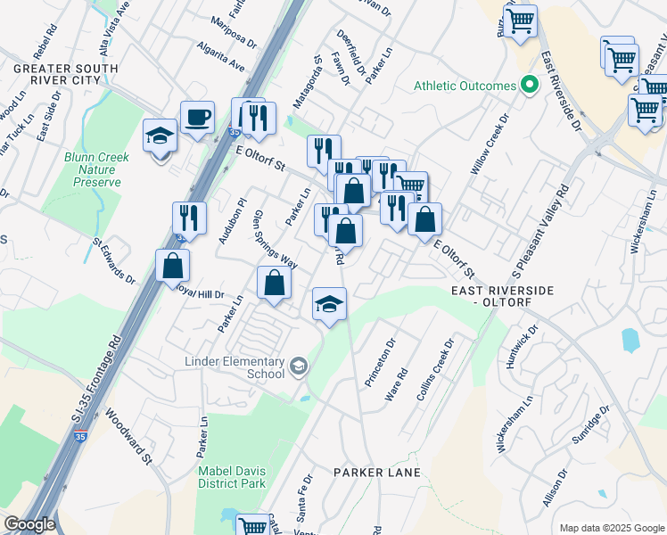 map of restaurants, bars, coffee shops, grocery stores, and more near 2508 Burleson Road in Austin