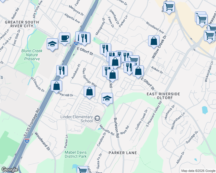 map of restaurants, bars, coffee shops, grocery stores, and more near 2508 Burleson Road in Austin