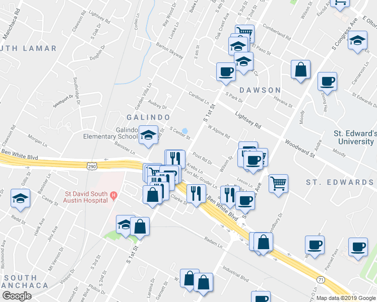 map of restaurants, bars, coffee shops, grocery stores, and more near in Austin