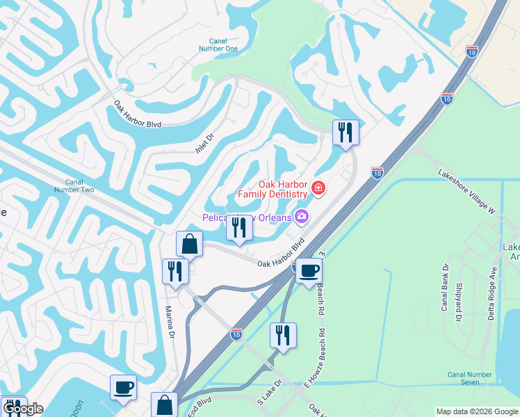 map of restaurants, bars, coffee shops, grocery stores, and more near 45 Oak Tree Drive in Slidell