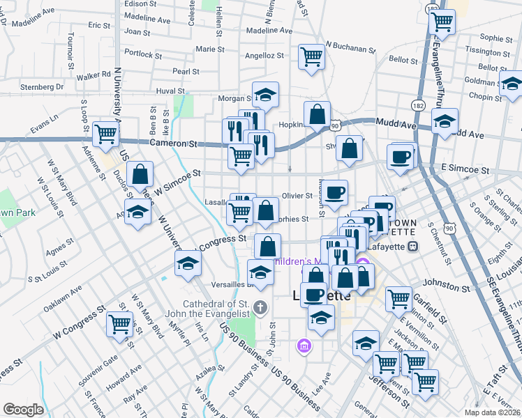 map of restaurants, bars, coffee shops, grocery stores, and more near 715 Voorhies Street in Lafayette