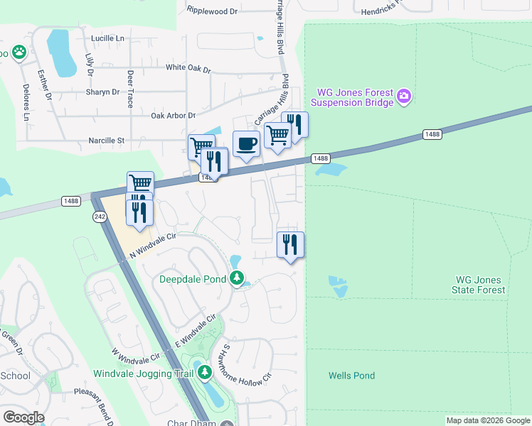 map of restaurants, bars, coffee shops, grocery stores, and more near 2477 Farm to Market Road 1488 in Conroe