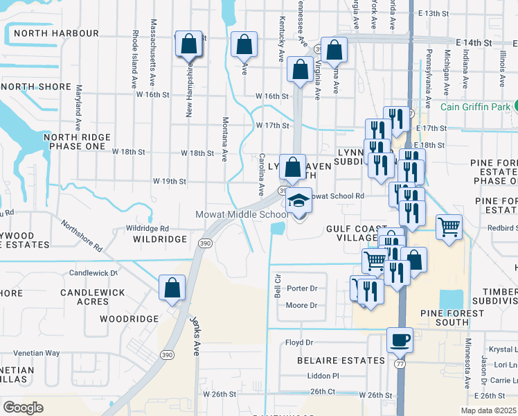 map of restaurants, bars, coffee shops, grocery stores, and more near 1903 Florida 390 in Lynn Haven