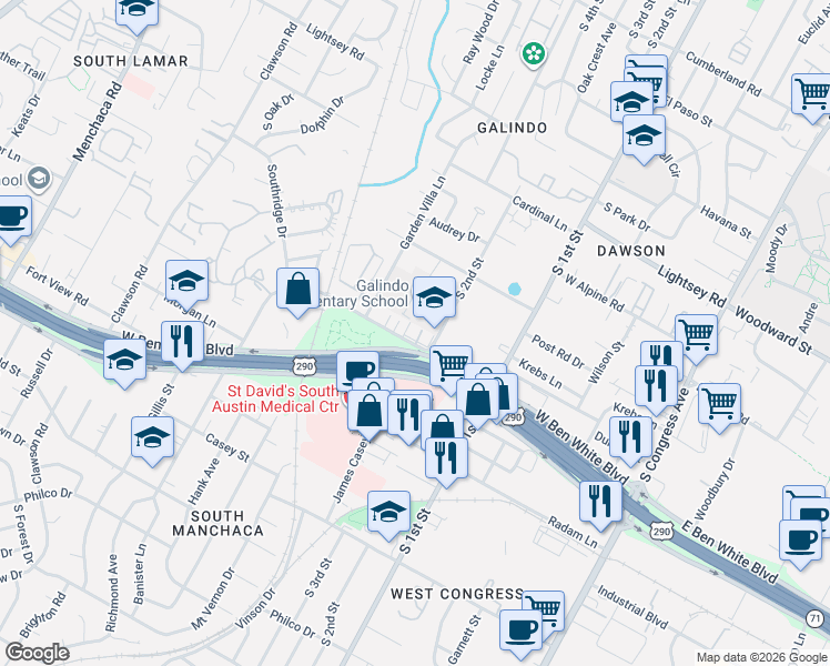map of restaurants, bars, coffee shops, grocery stores, and more near 900 West Ben White Boulevard in Austin