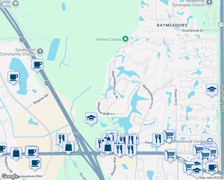 map of restaurants, bars, coffee shops, grocery stores, and more near 7848 Linkside Drive in Jacksonville