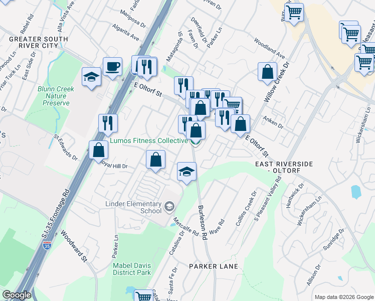 map of restaurants, bars, coffee shops, grocery stores, and more near 2508 Burleson Road in Austin