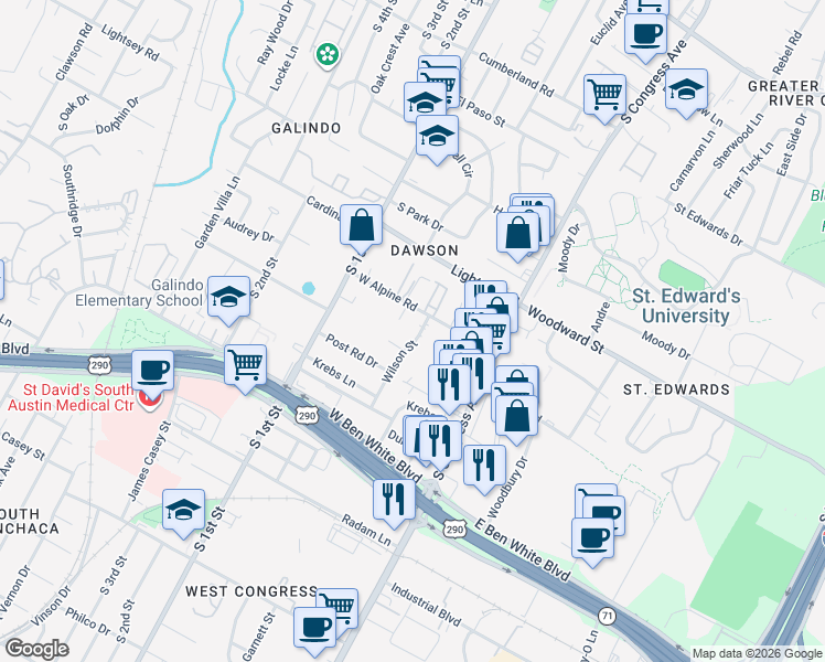 map of restaurants, bars, coffee shops, grocery stores, and more near 3611 Wilson Street in Austin