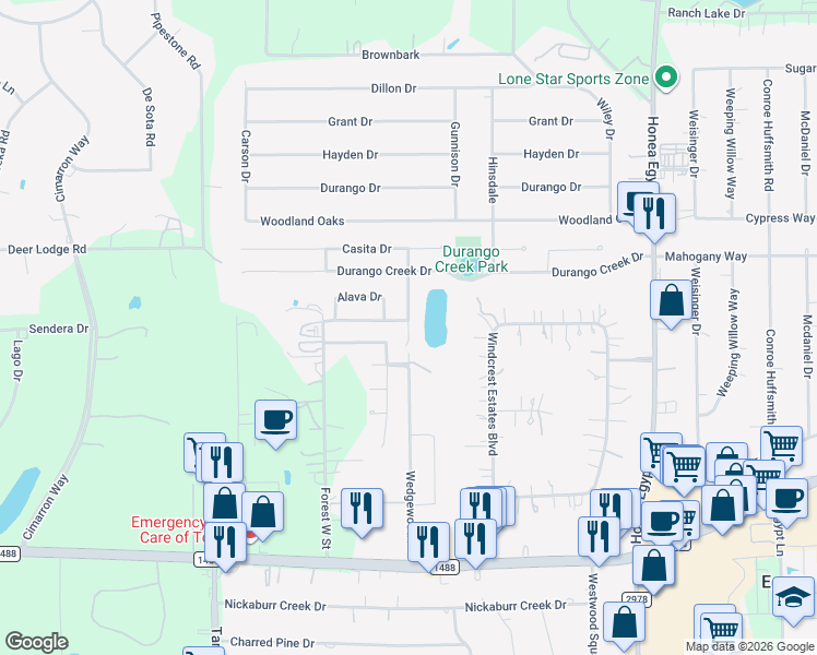 map of restaurants, bars, coffee shops, grocery stores, and more near 23222 Gallanda Drive in Magnolia