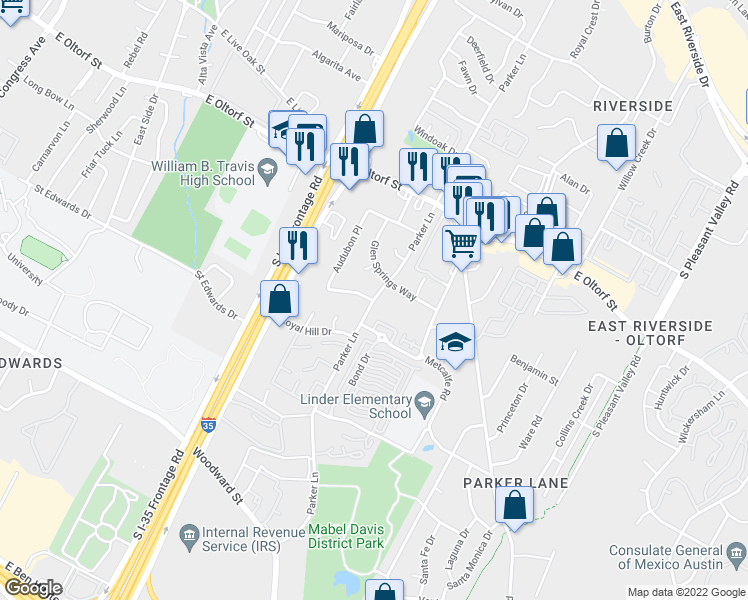 map of restaurants, bars, coffee shops, grocery stores, and more near Parker Ln & Alleghany Dr in Austin