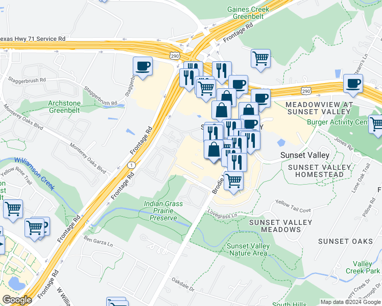 map of restaurants, bars, coffee shops, grocery stores, and more near 1200 Home Depot Boulevard in Sunset Valley