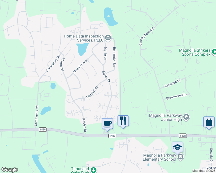 map of restaurants, bars, coffee shops, grocery stores, and more near 40415 Manor in Magnolia