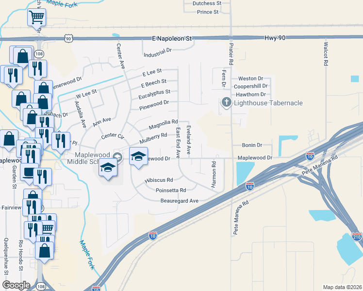 map of restaurants, bars, coffee shops, grocery stores, and more near 90 East End Avenue in Sulphur