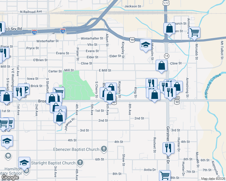map of restaurants, bars, coffee shops, grocery stores, and more near 2224 Colletta Street in Lake Charles