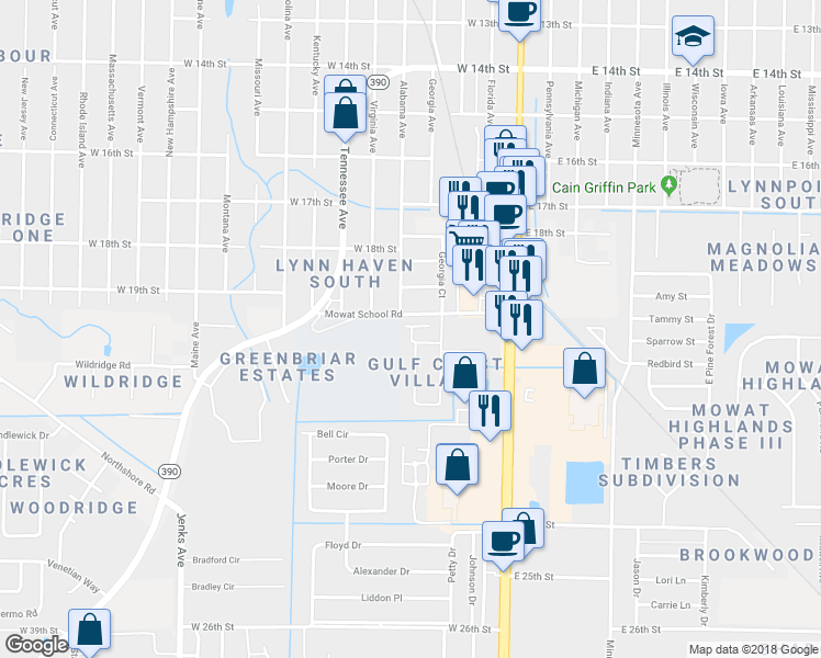 map of restaurants, bars, coffee shops, grocery stores, and more near 410 Mowat School Road in Lynn Haven