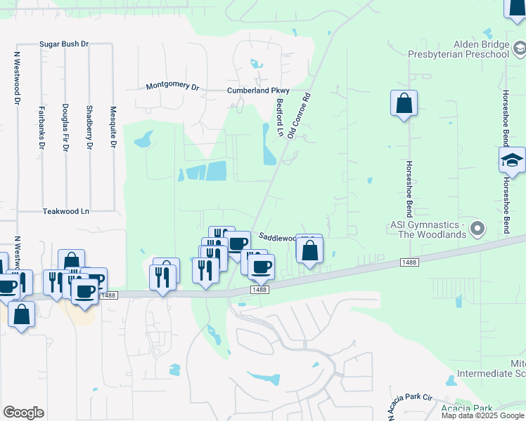 map of restaurants, bars, coffee shops, grocery stores, and more near 15833 Cambridge Court in Conroe