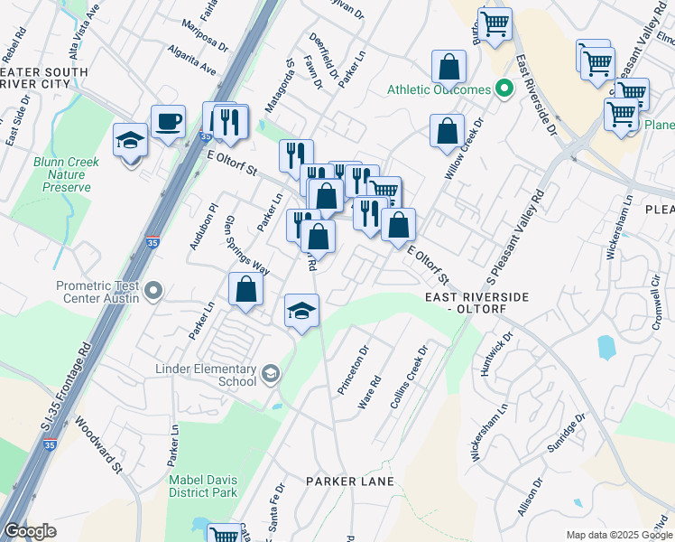 map of restaurants, bars, coffee shops, grocery stores, and more near 2409 Burleson Court in Austin