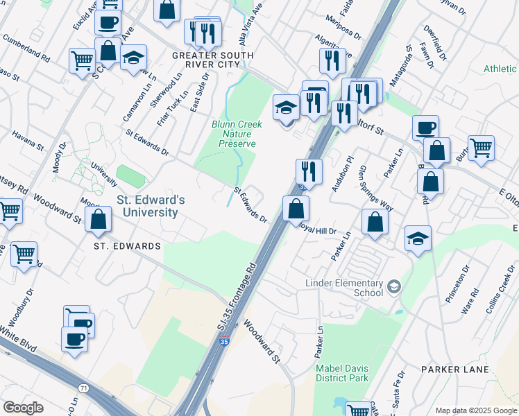 map of restaurants, bars, coffee shops, grocery stores, and more near 2715 Saint Edwards Circle in Austin