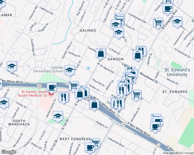 map of restaurants, bars, coffee shops, grocery stores, and more near in Austin