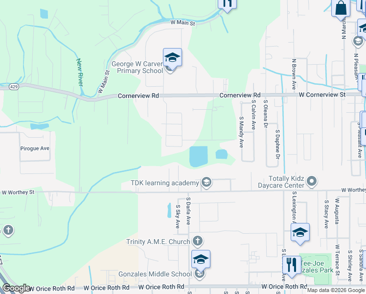 map of restaurants, bars, coffee shops, grocery stores, and more near 40010 Farm Road in Gonzales