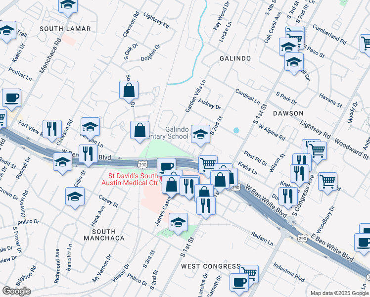 map of restaurants, bars, coffee shops, grocery stores, and more near 900 Banister Lane in Austin