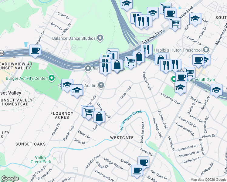 map of restaurants, bars, coffee shops, grocery stores, and more near 4477 South Lamar Boulevard in Austin