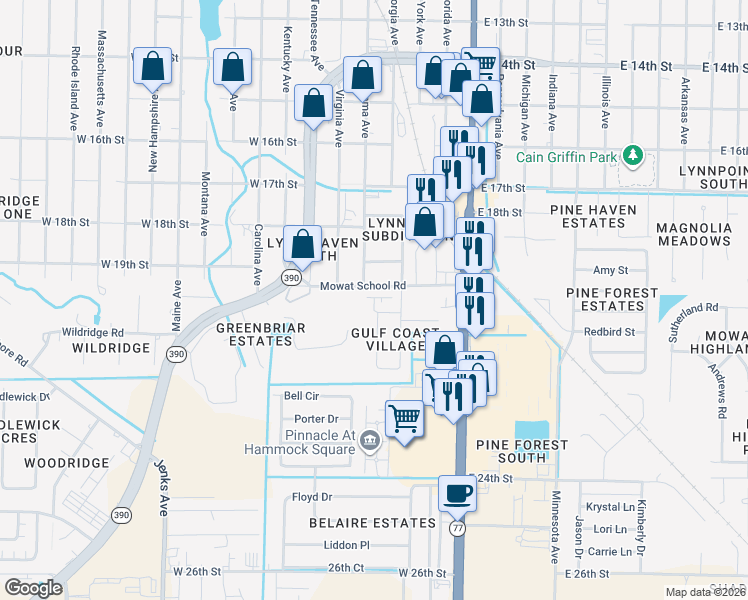 map of restaurants, bars, coffee shops, grocery stores, and more near 1910 Pattho Lane in Lynn Haven