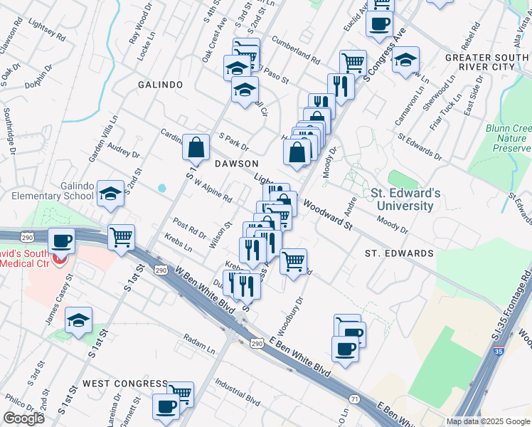map of restaurants, bars, coffee shops, grocery stores, and more near 126 West Alpine Road in Austin