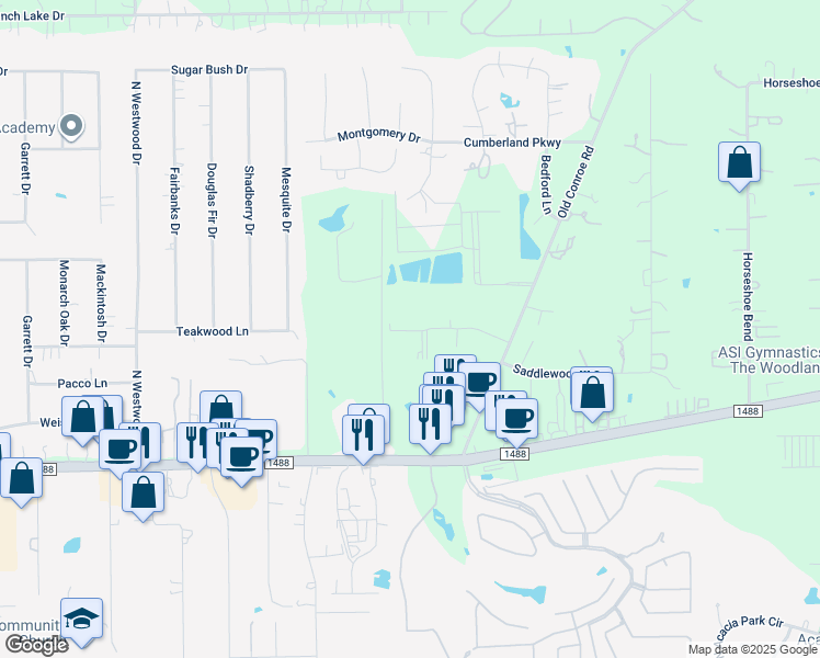 map of restaurants, bars, coffee shops, grocery stores, and more near 460 Watermere Drive in Conroe