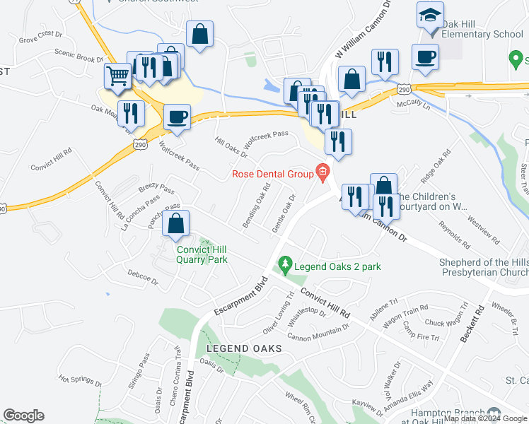 map of restaurants, bars, coffee shops, grocery stores, and more near 7112 Wandering Oak Road in Austin