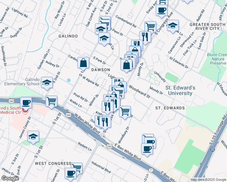 map of restaurants, bars, coffee shops, grocery stores, and more near 126 West Alpine Road in Austin