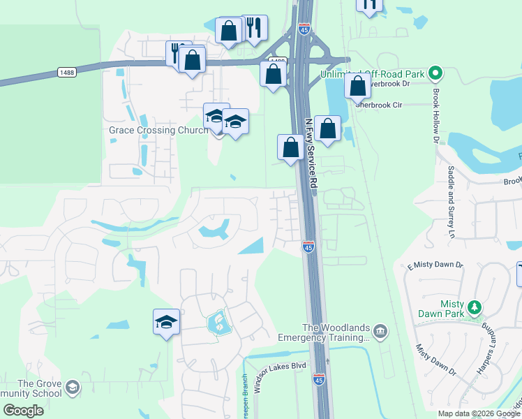 map of restaurants, bars, coffee shops, grocery stores, and more near 15610 Guinn Road in Conroe