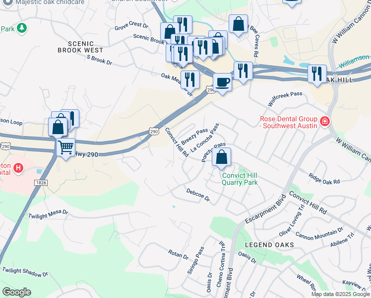 map of restaurants, bars, coffee shops, grocery stores, and more near 6802 Convict Hill Road in Austin