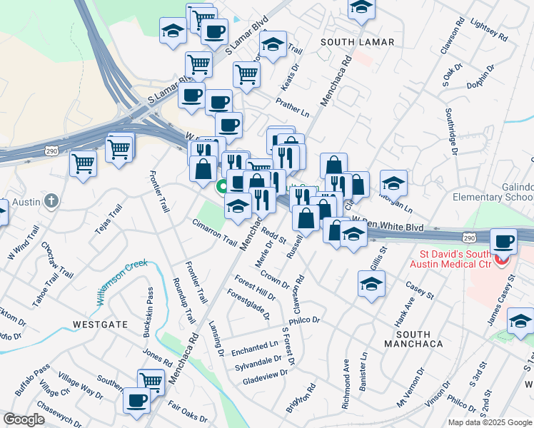 map of restaurants, bars, coffee shops, grocery stores, and more near in Austin