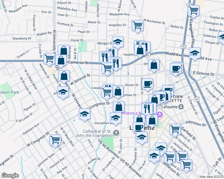 map of restaurants, bars, coffee shops, grocery stores, and more near 714 Olivier St in Lafayette