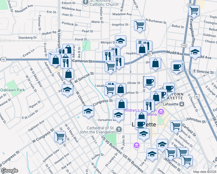 map of restaurants, bars, coffee shops, grocery stores, and more near 603 South Street Antoine Street in Lafayette