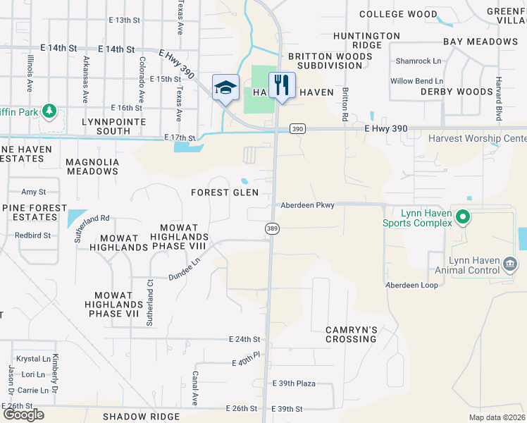 map of restaurants, bars, coffee shops, grocery stores, and more near 4509 County Road 389 in Panama City