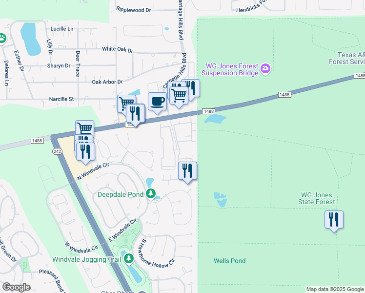 map of restaurants, bars, coffee shops, grocery stores, and more near 2477 Farm to Market Road 1488 in Conroe
