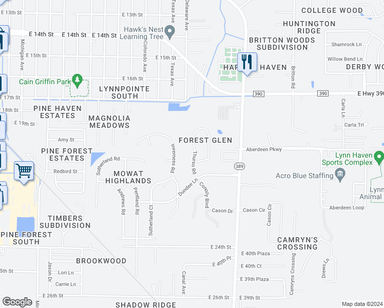 map of restaurants, bars, coffee shops, grocery stores, and more near 1412 Thurso Road in Lynn Haven