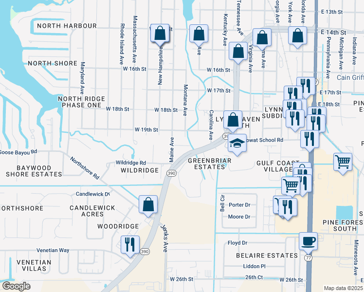 map of restaurants, bars, coffee shops, grocery stores, and more near 1900 Maine Avenue in Lynn Haven