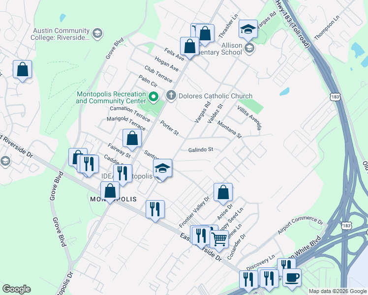 map of restaurants, bars, coffee shops, grocery stores, and more near 6613 Porter Street in Austin