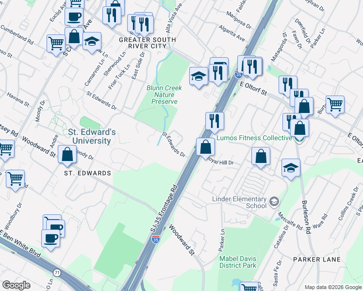 map of restaurants, bars, coffee shops, grocery stores, and more near 2715 Saint Edwards Circle in Austin