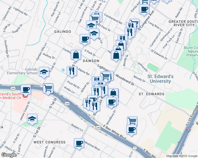 map of restaurants, bars, coffee shops, grocery stores, and more near 3505 Alpine Circle in Austin