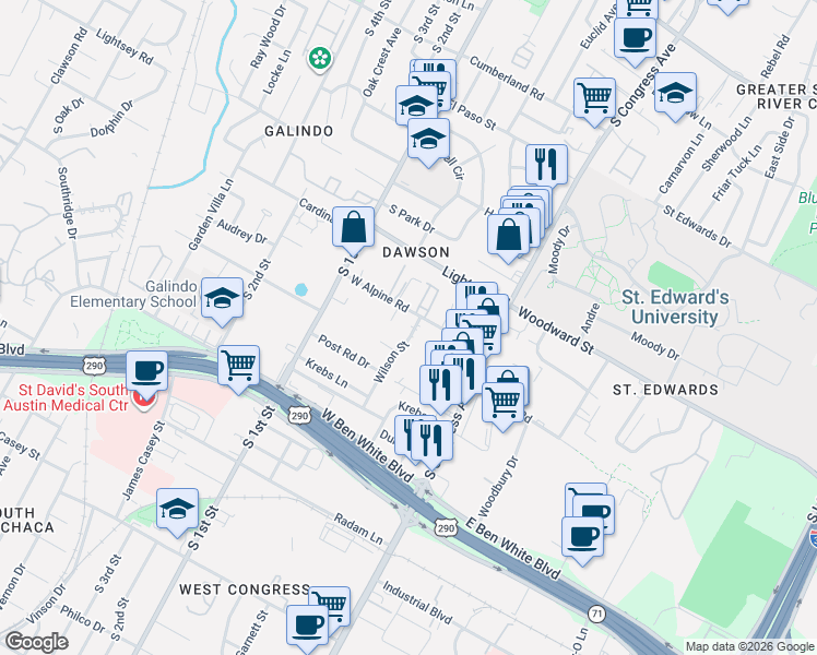 map of restaurants, bars, coffee shops, grocery stores, and more near 304 West Alpine Road in Austin