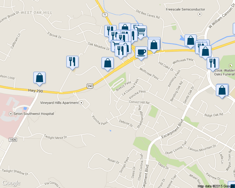 map of restaurants, bars, coffee shops, grocery stores, and more near 6802 Convict Hill Road in Austin