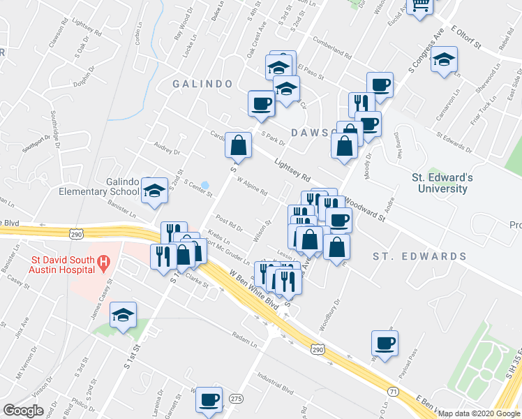 map of restaurants, bars, coffee shops, grocery stores, and more near 3608 Tallison Terrace in Austin